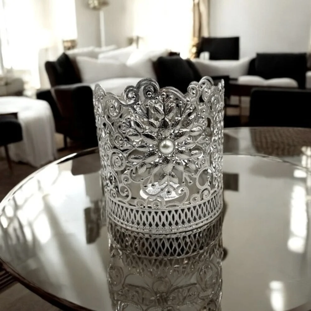 Bath & Body Works Metal Floral Patchwork Candle Holder Pearl Brushed Silver 4